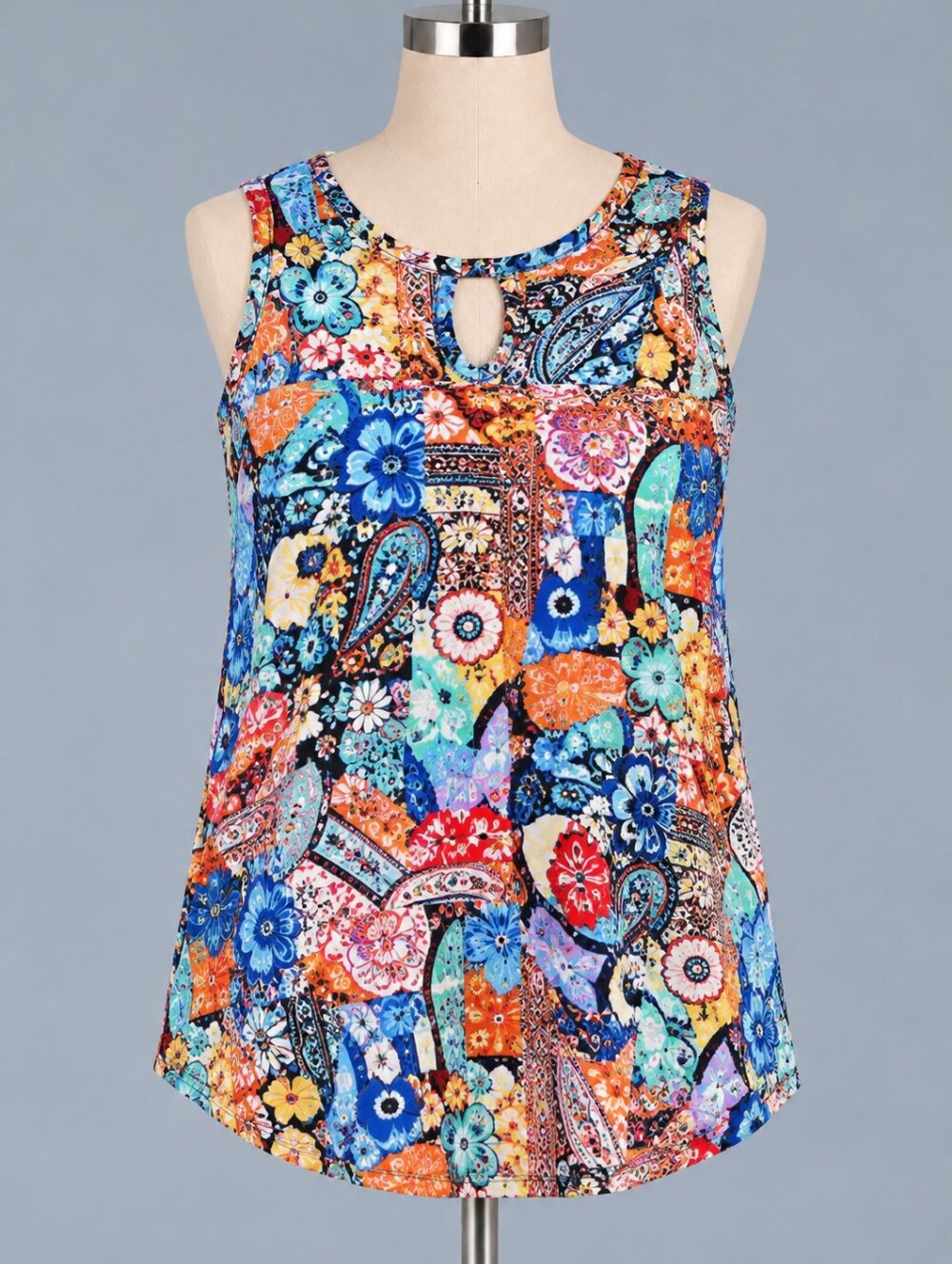 Clientele | Multicolor Patchwork Floral Keyhole Tank Top